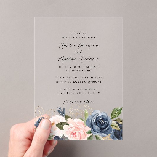 ネイビーブルーとクリアな桜色のフラワーモチーフの結婚式 アクリル招待状 (インサイチュ (ポータブル))