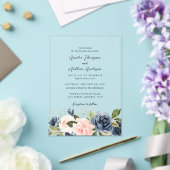ネイビーブルーとクリアな桜色のフラワーモチーフの結婚式 アクリル招待状 (インサイチュ (ウェディング))