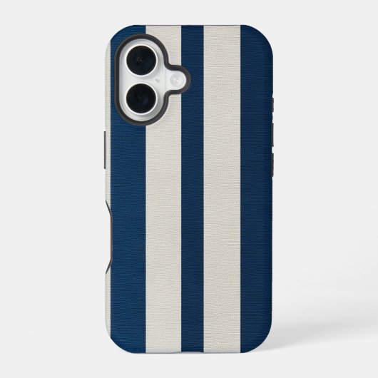 ネイビーブルーとクリームの縦ストライプ シームレス iPhone 16ケース (裏面)