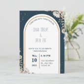 ネイビーブルーとクリーム図解入りの、写真付きのの花結婚の数 招待状 (スタンド正面)