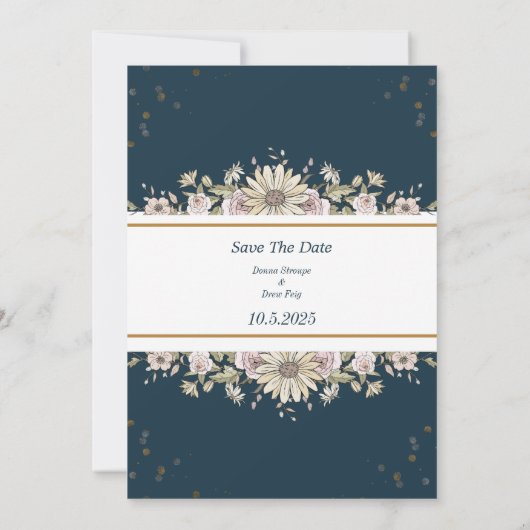 ネイビーブルーとクリーム図解入りの、写真付きのの花結婚の数 招待状 (裏面)