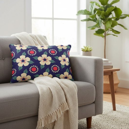 ネイビーブルーとクリーム花 アクセントクッション