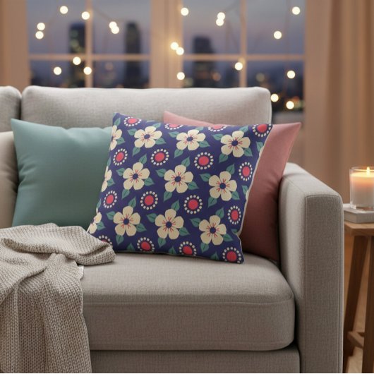 ネイビーブルーとクリーム花 クッション