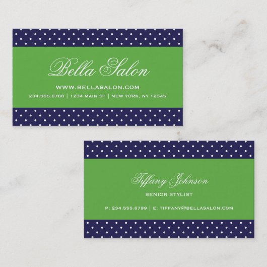 ネイビーブルーとグリーンかわいいモダン水玉模様 名刺 (正面/裏面)