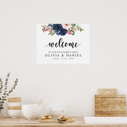 ネイビーブルーとグリーンのエンゲージメントパーティーウェルカムポスター ポスター (キッチン)