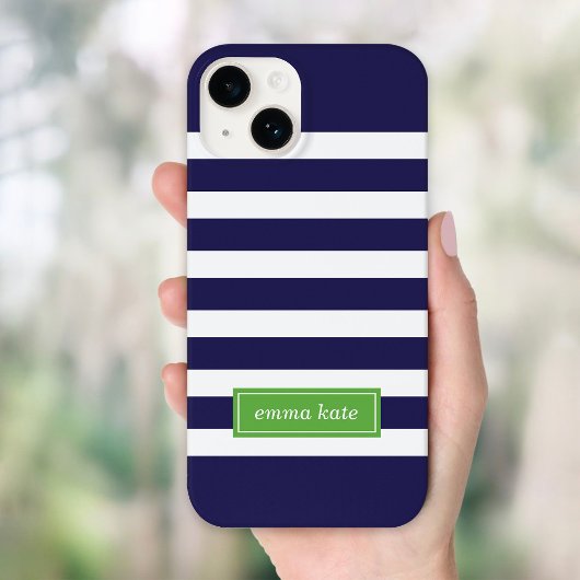 ネイビーブルーとグリーンの名門私立校風のストライプモノグラム Case-Mate iPhoneケース