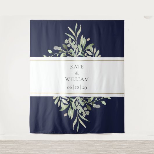 ネイビーブルーとグリーンの結婚式 フォトブース 背景 タペストリー (正面)