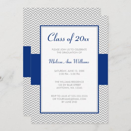 ネイビーブルーとグレーシェブロン卒業パーティー 招待状 (正面/裏面)