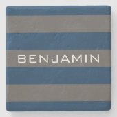 ネイビーブルーとグレーラグビーストライプ名前をカスタムする ストーンコースター (正面)