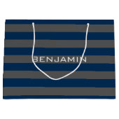 ネイビーブルーとグレーラグビーストライプ名前をカスタムする ラージペーパーバッグ (正面)
