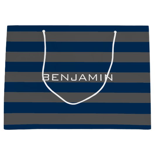 ネイビーブルーとグレーラグビーストライプ名前をカスタムする ラージペーパーバッグ (正面)