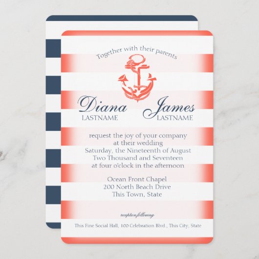 ネイビーブルーとコーストライプル航海の結婚ズ 招待状 (正面/裏面)