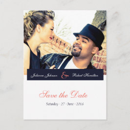 ネイビーブルーとコーラルの写真ポストカードを保存 案内ポストカード