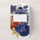 ネイビーブルーとコーラルの花柄 ウェディングオールインワン招待状 オールインワン招待状 (外側)