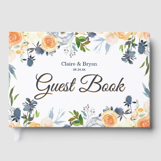 ネイビーブルーとコーラルウォーターのカラーフローラ結婚ズ ゲストブック (正面)