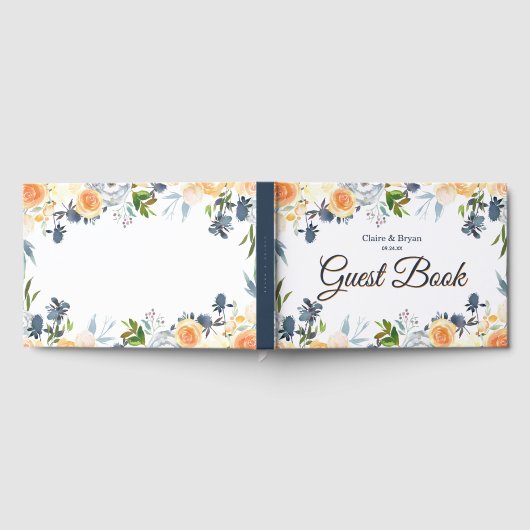ネイビーブルーとコーラルウォーターのカラーフローラ結婚ズ ゲストブック (全面)
