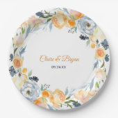 ネイビーブルーとコーラルウォーターのカラーフローラ結婚ズ ペーパープレート (正面)
