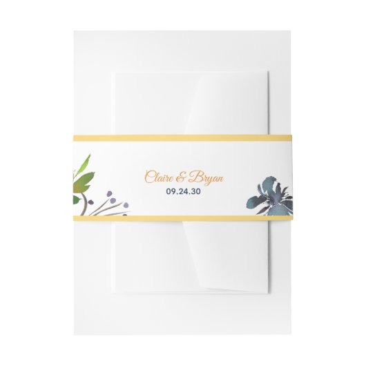 ネイビーブルーとコーラルウォーターのカラーフローラ結婚ズ 招待状ベリーバンド (正面例)