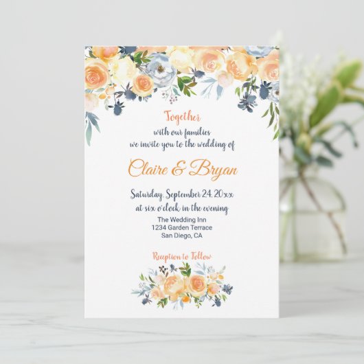 ネイビーブルーとコーラルウォーターのカラーフローラ結婚ズ 招待状 (スタンド正面)