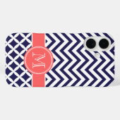ネイビーブルーとコーラルシェブロンカスタムモノグラム Case-Mate iPhoneケース (裏面 (横))