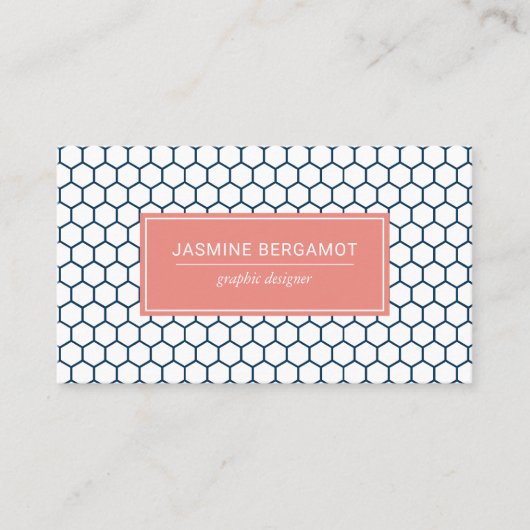 ネイビーブルーとコーラルハニカム幾何学模様 名刺 (正面)