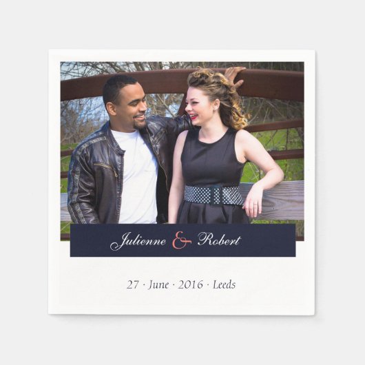 ネイビーブルーとコーラルフォト結婚のカクテルナプキン スタンダードカクテルナプキン (正面)