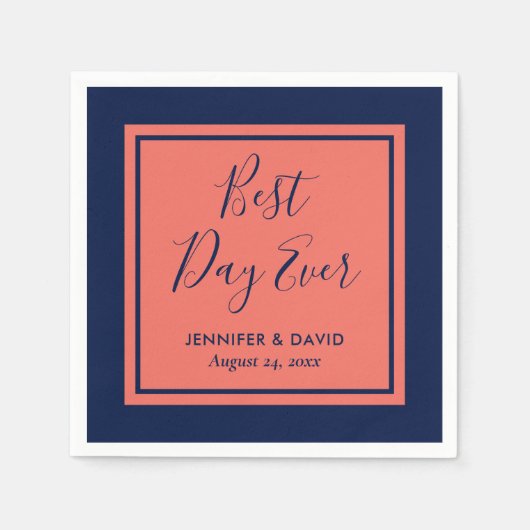 ネイビーブルーとコーラルモダンスクリプ結婚ト スタンダードカクテルナプキン (正面)