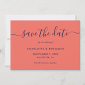 ネイビーブルーとコーラルモダンスクリプ結婚ト セーブザデート (正面)