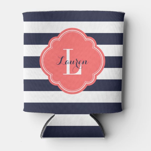 ネイビーブルーとコーラル名門私立校風のズストライプモノグラム 缶クーラー (正面)