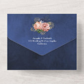 ネイビーブルーとコーラル結婚フローラのオールインワン オールインワン招待状 (裏面)