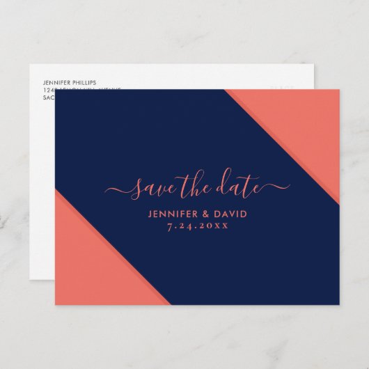 ネイビーブルーとコーラル結婚式の日付を保存 案内ポストカード (正面/裏面)
