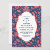 ネイビーブルーとコーラル結婚式招待状 招待状 (正面)