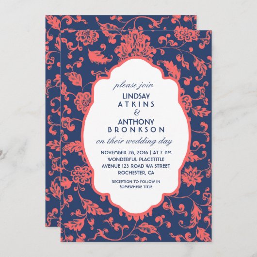 ネイビーブルーとコーラル結婚式招待状 招待状 (正面/裏面)