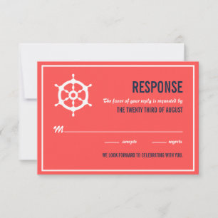 ネイビーブルーとコーラル航海のウェディングRSVPカード 出欠カード