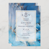 ネイビーブルーとゴールドのアゲートのモノグラム結婚式 招待状 (正面/裏面)