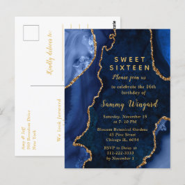 ネイビーブルーとゴールドのアゲート大理石のスイート16 ポストカード
