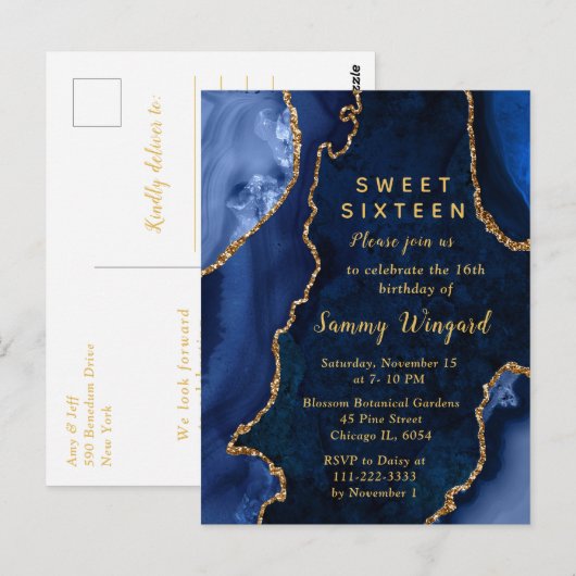 ネイビーブルーとゴールドのアゲート大理石のスイート16 ポストカード (正面/裏面)