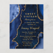 ネイビーブルーとゴールドのアゲート大理石のスイート16 ポストカード (正面)