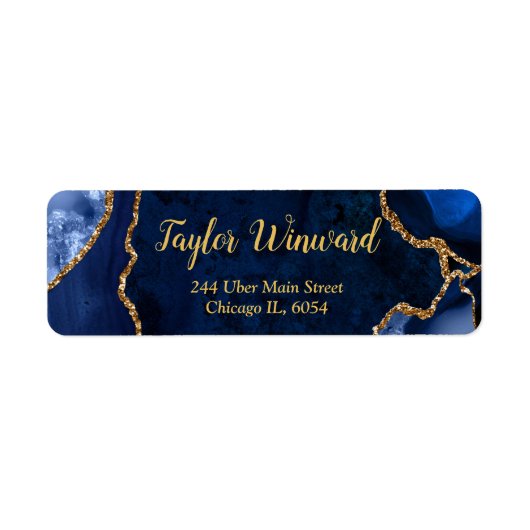 ネイビーブルーとゴールドのアゲート大理石の誕生日パーティー ラベル (正面)