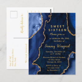 ネイビーブルーとゴールドのアゲート大理石スイート16 ポストカード