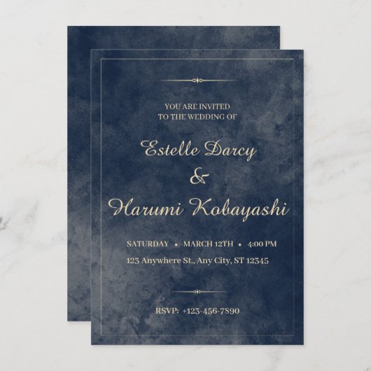 ネイビーブルーとゴールドのエレガントな水彩背景 招待状 (正面/裏面)