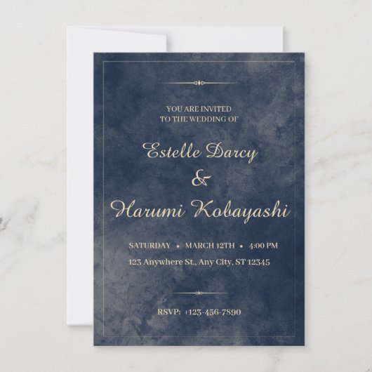 ネイビーブルーとゴールドのエレガントな水彩背景 招待状 (正面)
