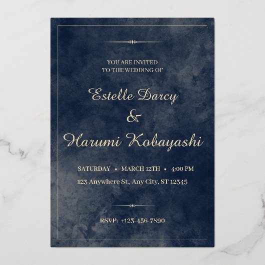 ネイビーブルーとゴールドのエレガントな水彩背景 箔招待状 (正面)