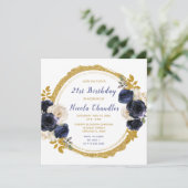 ネイビーブルーとゴールドのエレガントな花の誕生日パーティー 招待状 (スタンド正面)