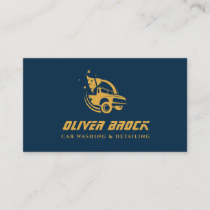 ネイビーブルーとゴールドのカーウォッシュと自動車整備 名刺