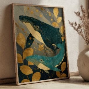 ネイビーブルーとゴールドのクジライラスト 金継ぎスタイルのオーシャンアート ポスター