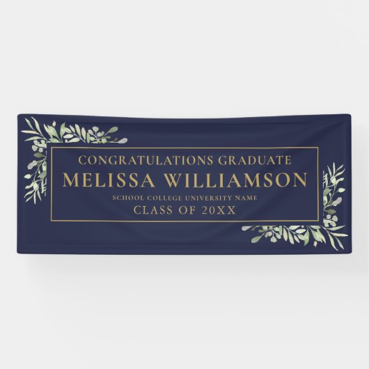 ネイビーブルーとゴールドのグリーン花卒業 横断幕 (横)
