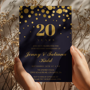ネイビーブルーとゴールドのコンフェッティ 20周年 結婚記念日 招待状