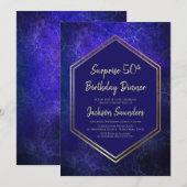 ネイビーブルーとゴールドのサプライズ50歳誕生日ディナー 招待状 (正面/裏面)
