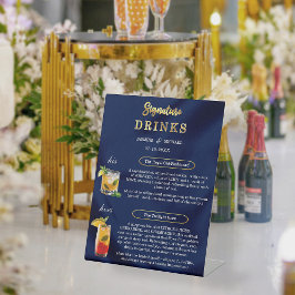 ネイビーブルーとゴールドのシンプルな結婚式のシグネチャードリンクサイン 台座サイン